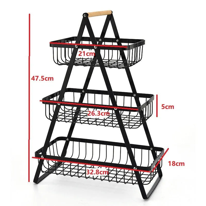 Detachable iron double-layer fruit basket with wooden handle on a kitchen table, black finish
