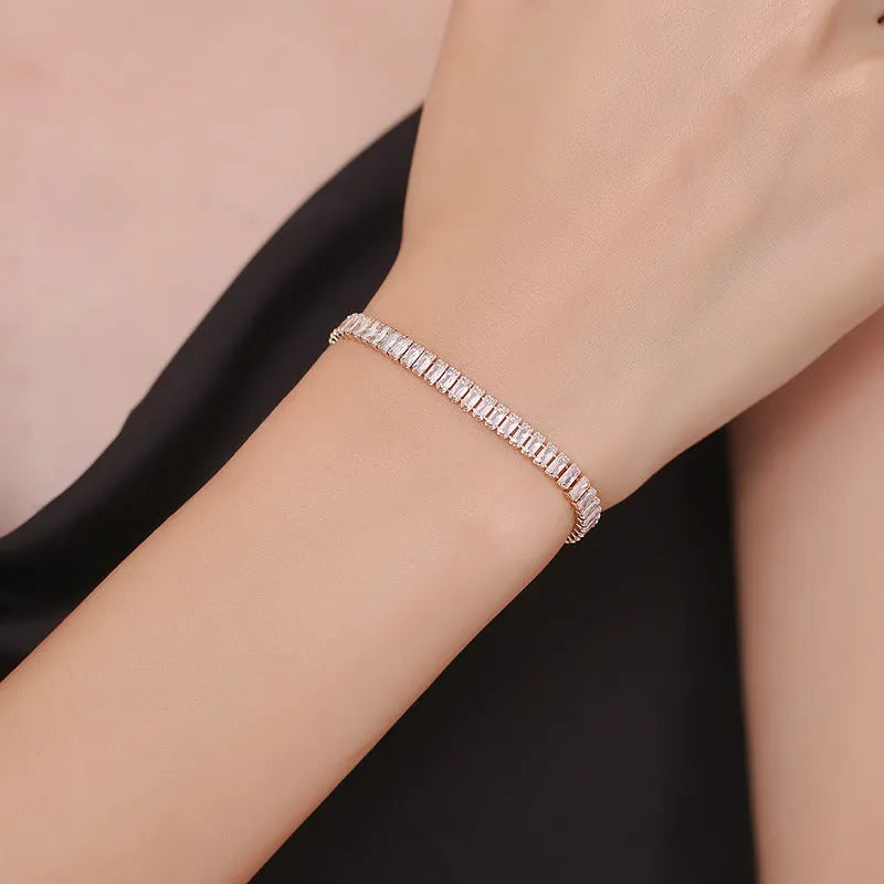 Women's brass rectangular bracelet with full diamond inlaid zircon in Champagne Gold and Silver colour options
