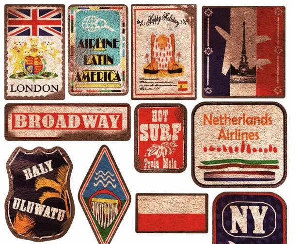 Set of 36 vintage surf and beach themed vinyl stickers in sizes from 6 to 10 centimetres.