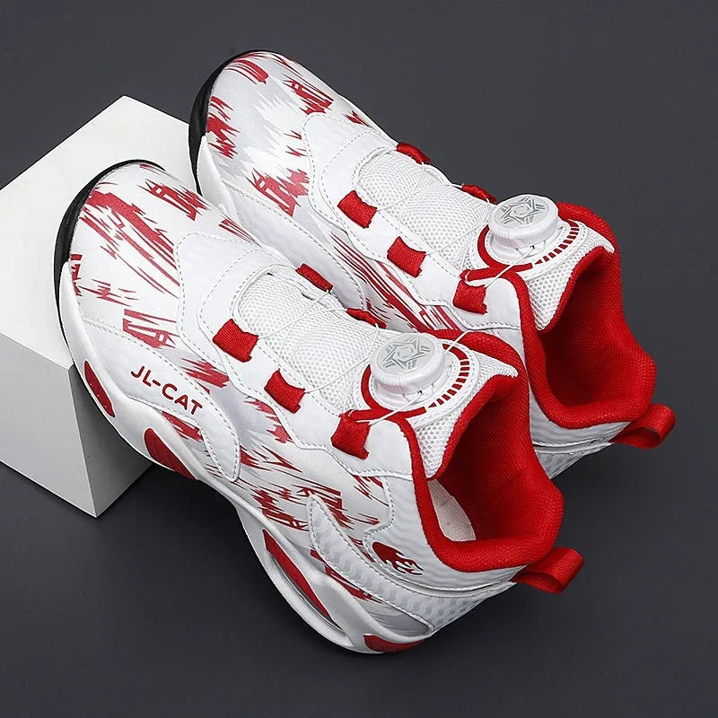 Children's rotating button basketball shoes in synthetic leather, shown in black colourway.