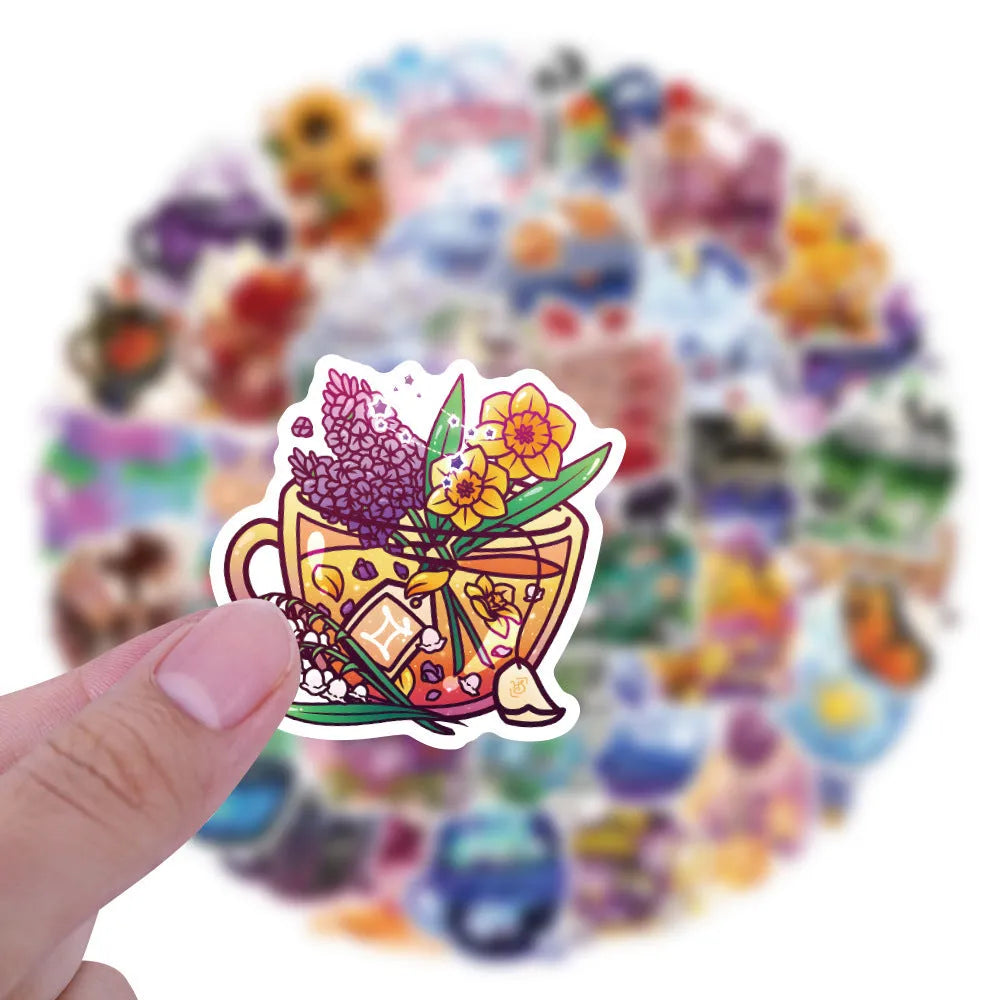 Pack of 50 colourful tea cup graffiti waterproof vinyl stickers in Nordic style for luggage and scooters.
