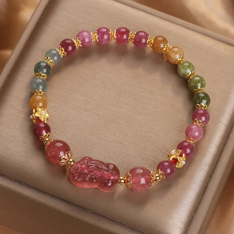 Candy color tourmaline strawberry quartz pi xiu bracelet 17cm women pink red crystal electroplating beads