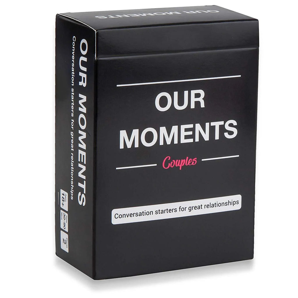 Black gift box of Our Time Lovers Edition communication cards for couples, showing size.