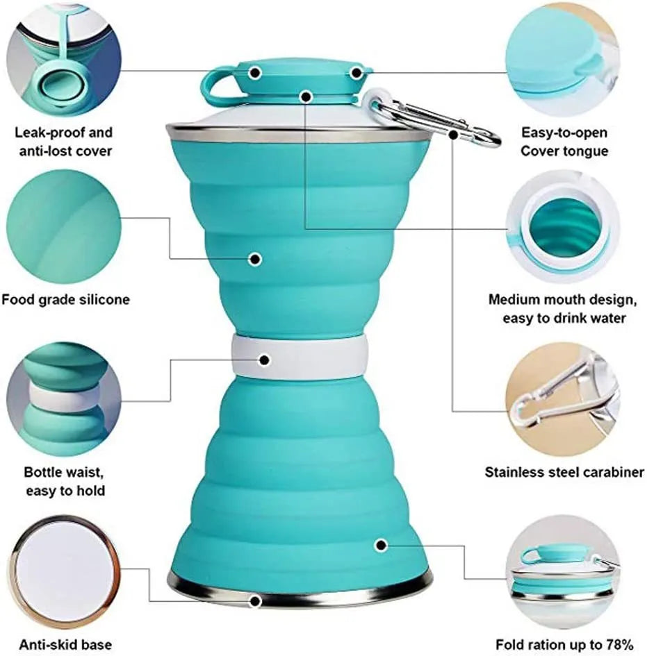 500ml collapsible silicone water bottle in light green, folded and unfolded, with connective rope