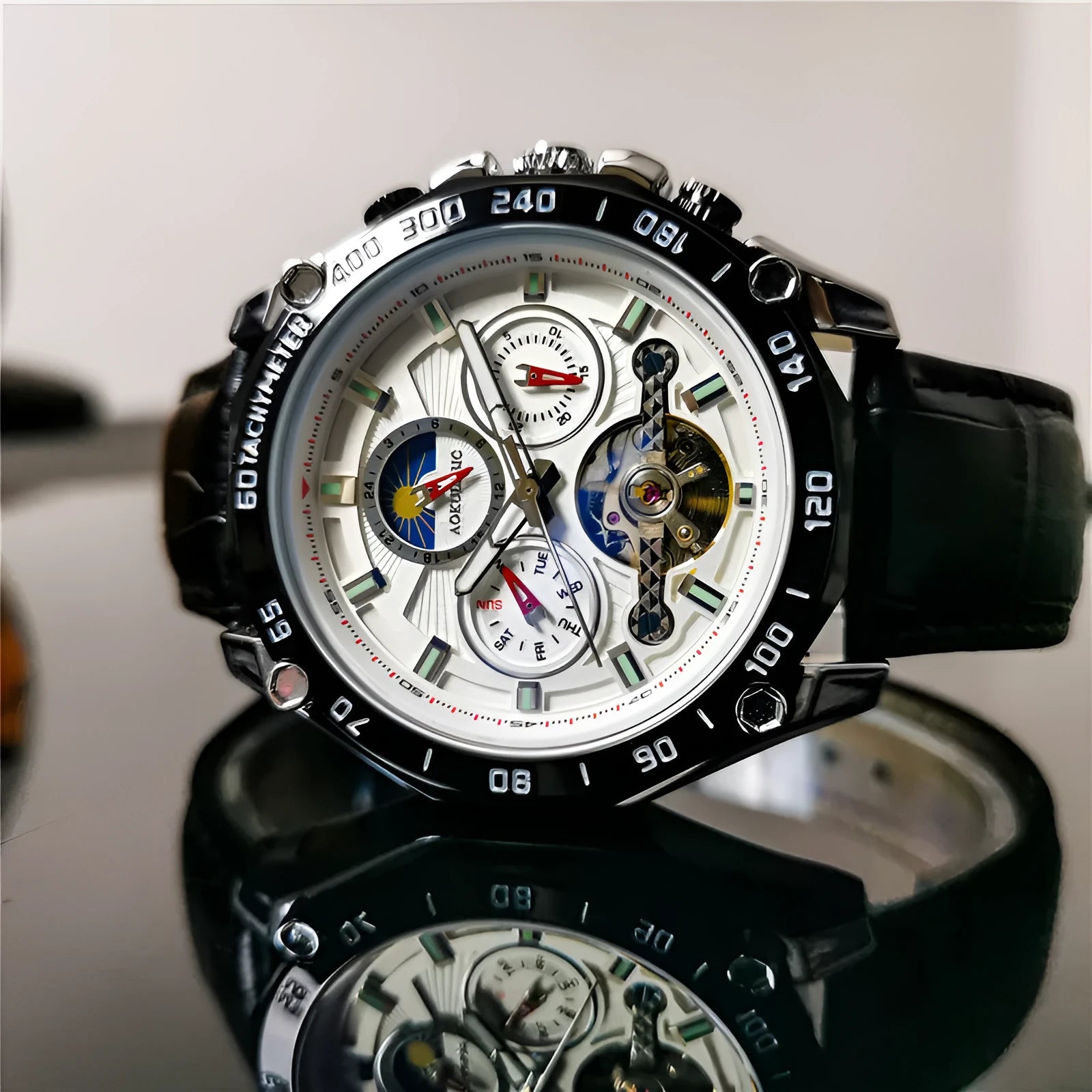 Men's automatic mechanical watch with 12mm thick case in various colour combinations