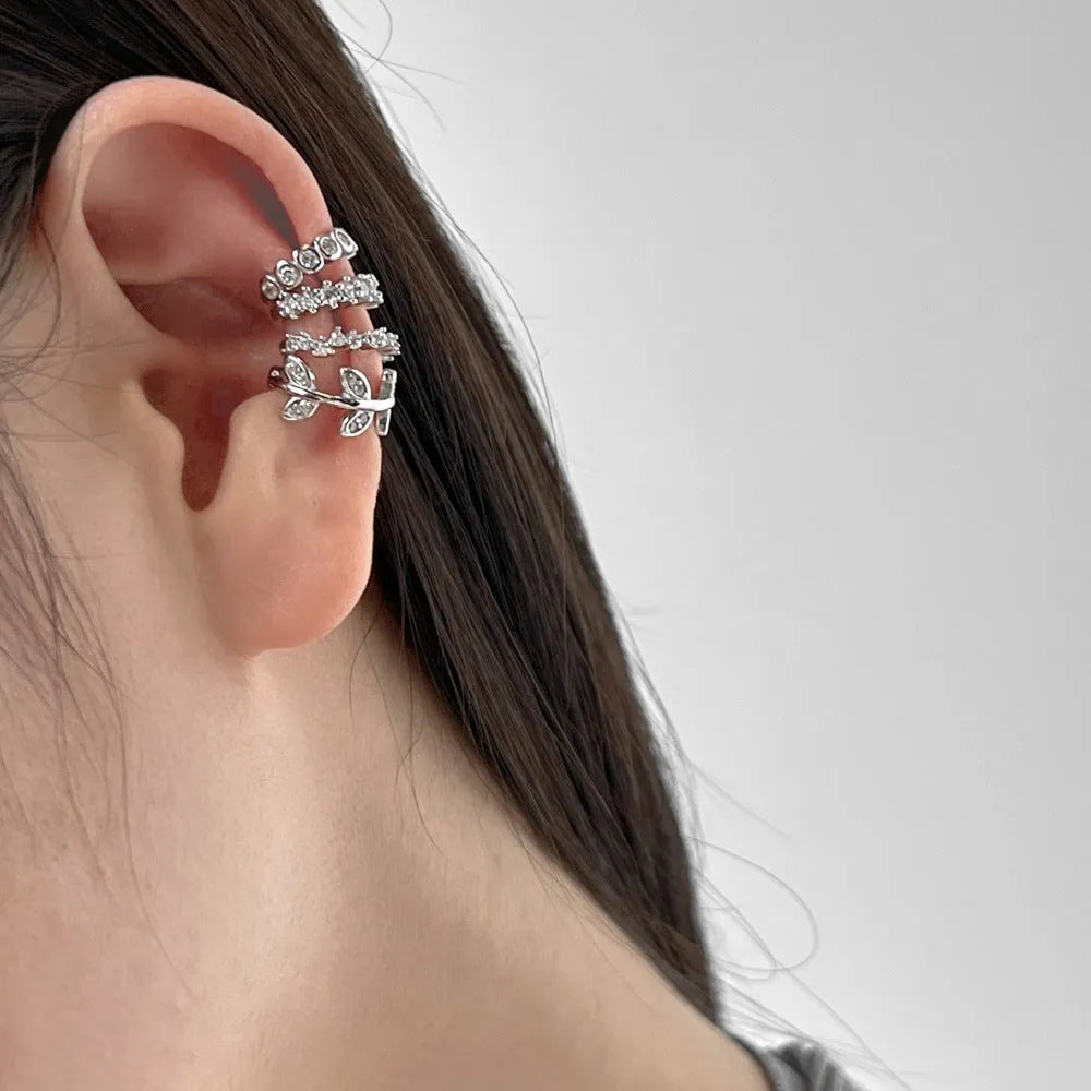 925 silver leaf-shaped ear clip with zircon inlay, golden electroplated finish, clip-on style for women