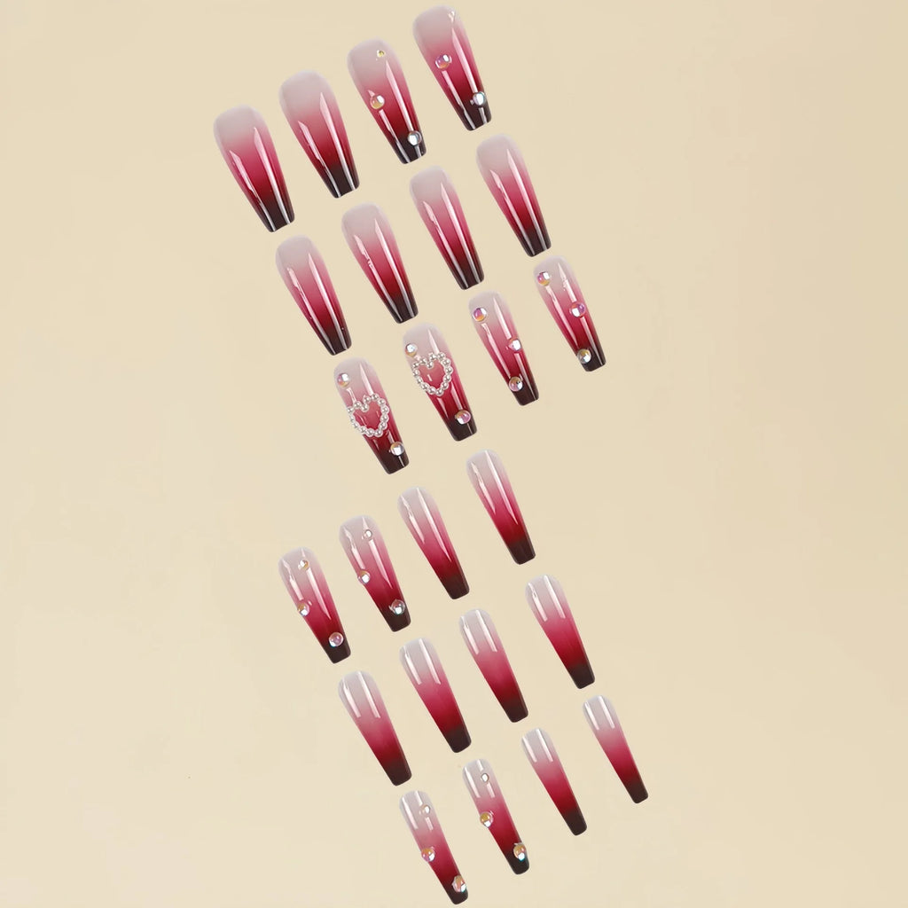 Wine red gradient fake nail tips with pearl heart decoration and plaid pattern in long ballet length style.