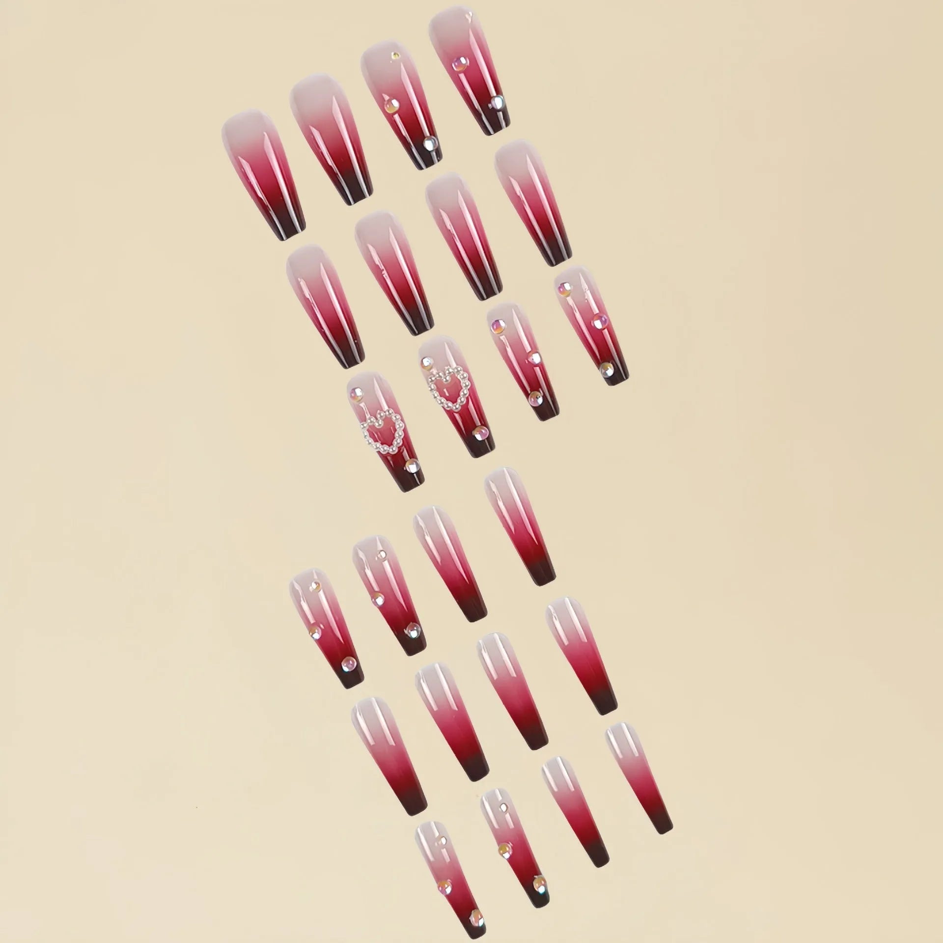 Wine red gradient fake nail tips with pearl heart decoration and plaid pattern in long ballet length style.