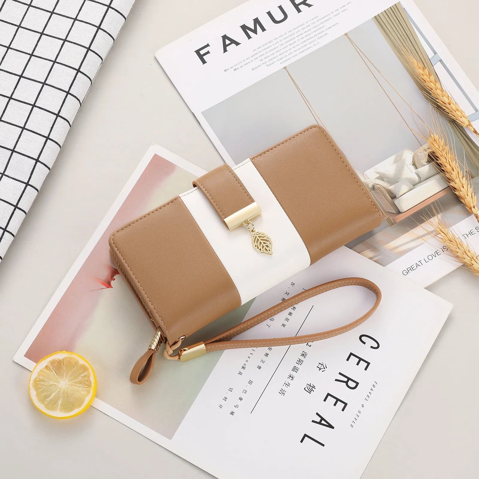 Anti-theft RFID clutch bag with locking clasp in black PU leather showing foldable design