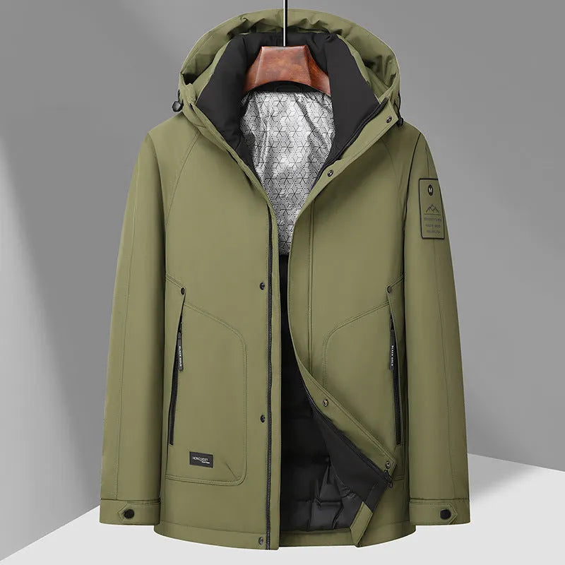 Outdoor white duck down hooded jacket for men in black polyvinyl alcohol fibre blend with front zip