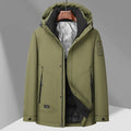 Outdoor white duck down hooded jacket for men in black polyvinyl alcohol fibre blend with front zip