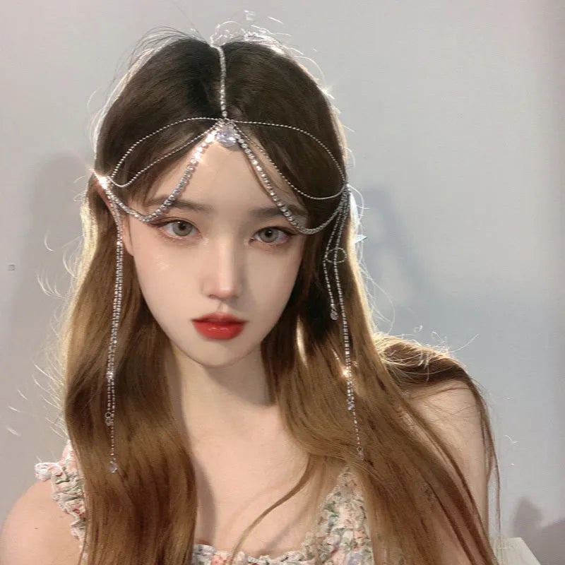 Water drop gem hair jewelry with inlaid artificial gems and semi-precious stones, silver or gold plated alloy, black lace colour