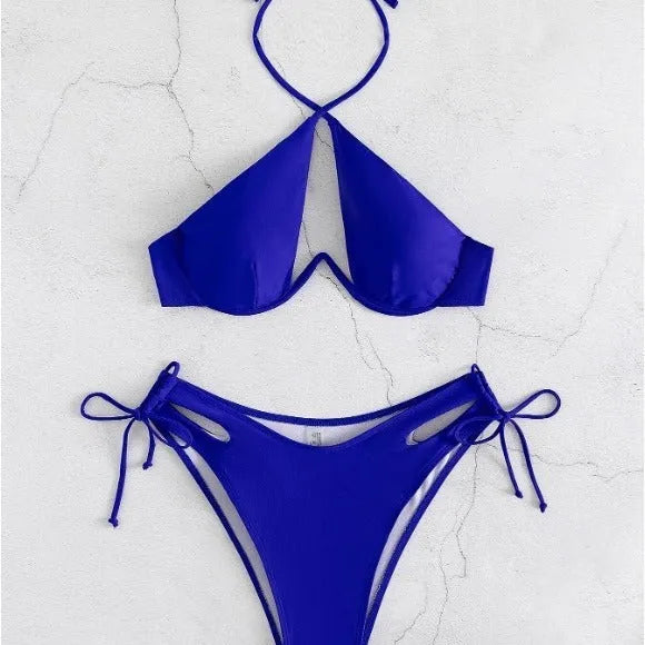 Women's halter bikini set briefs bottom solid colour black backless swimsuit polyester spandex lining