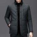Men's solid colour short winter padded coat with side seam pockets, shown in dark blue.