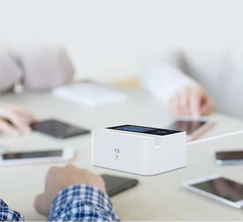 White USB multi-port tablet and smart phone charger with EU UK US plug adapters and 150cm power cord