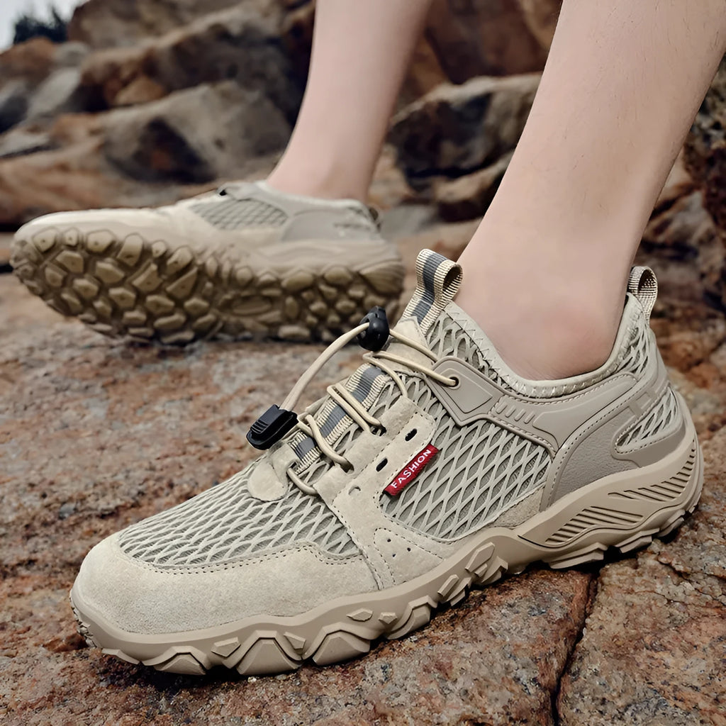 Men's summer leather mesh breathable outdoor hiking shoes, low top, black colour, side view showing elastic band and round toe
