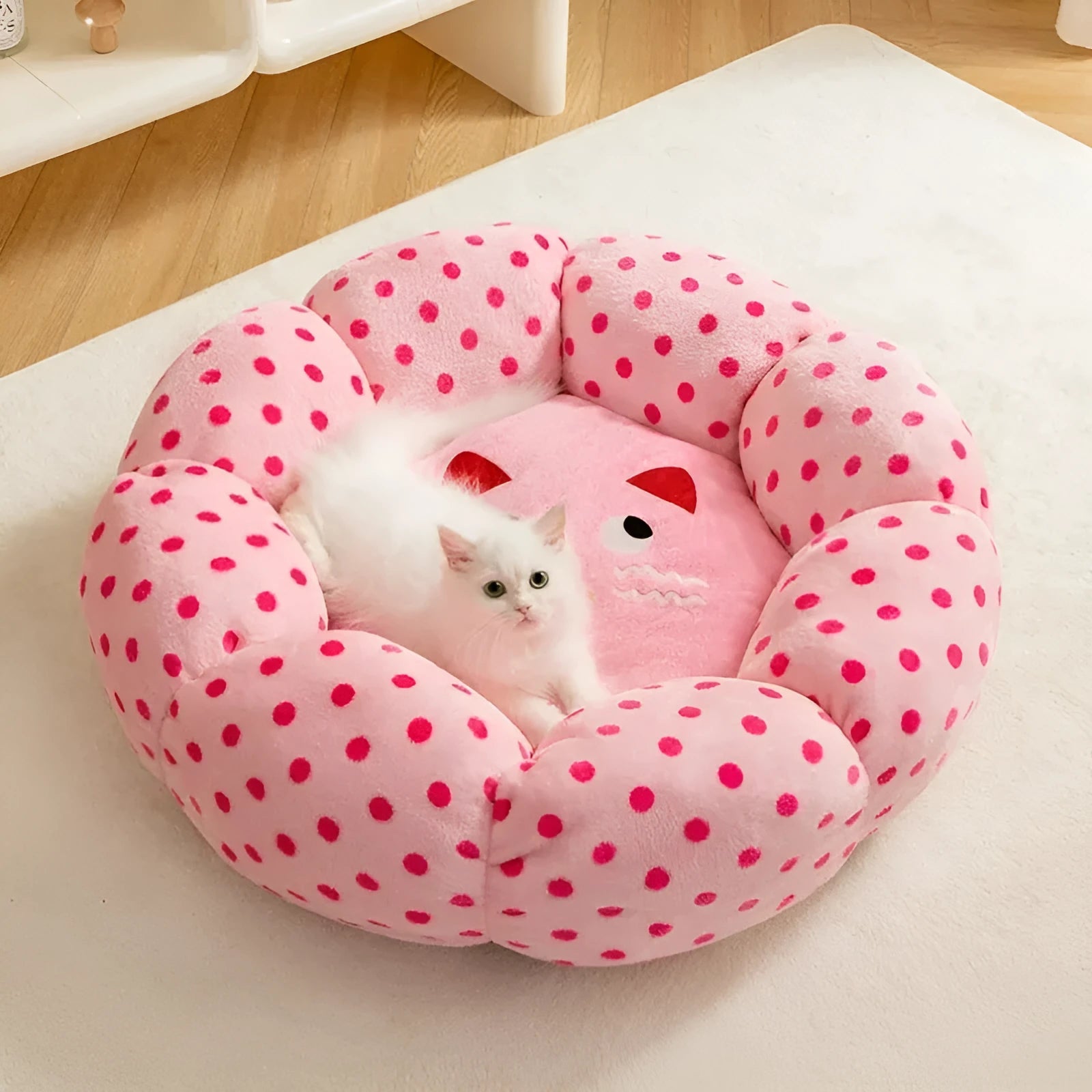 Pink dot fabric cat nest with cushion, suitable for cats up to 20 pounds, 45cm or 65cm diameter