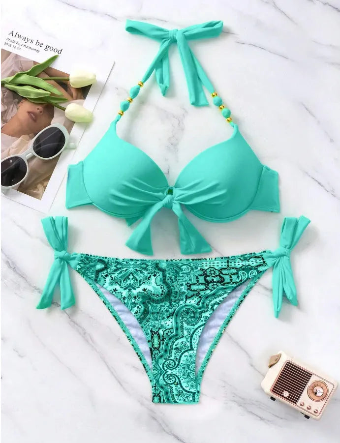 Ladies polyester printed bikini swimsuit two piece set striped colour sleeveless summer beachwear