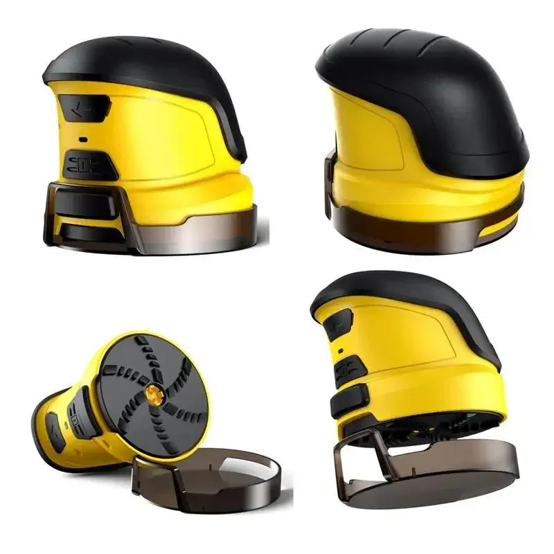 Yellow cordless electric car ice scraper with USB charging cable on a car windshield.