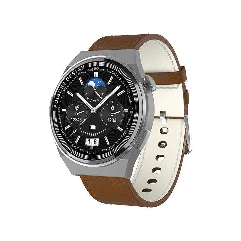 Black Bluetooth smartwatch with NFC payment, blood glucose monitor, and 1.39 inch circular tempered glass screen