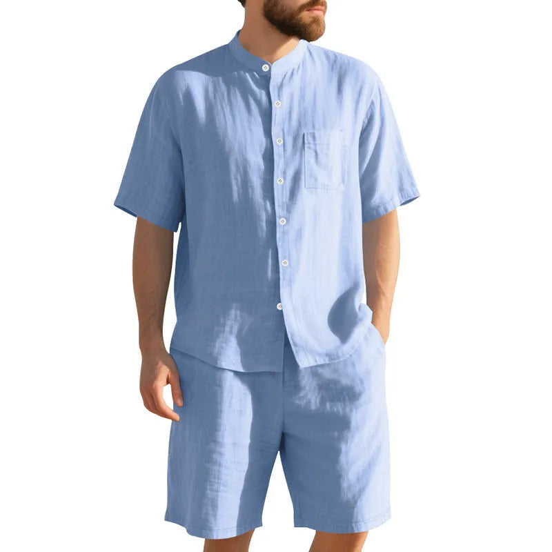 Men's light blue linen blend summer suit with short sleeve shirt jacket and matching shorts