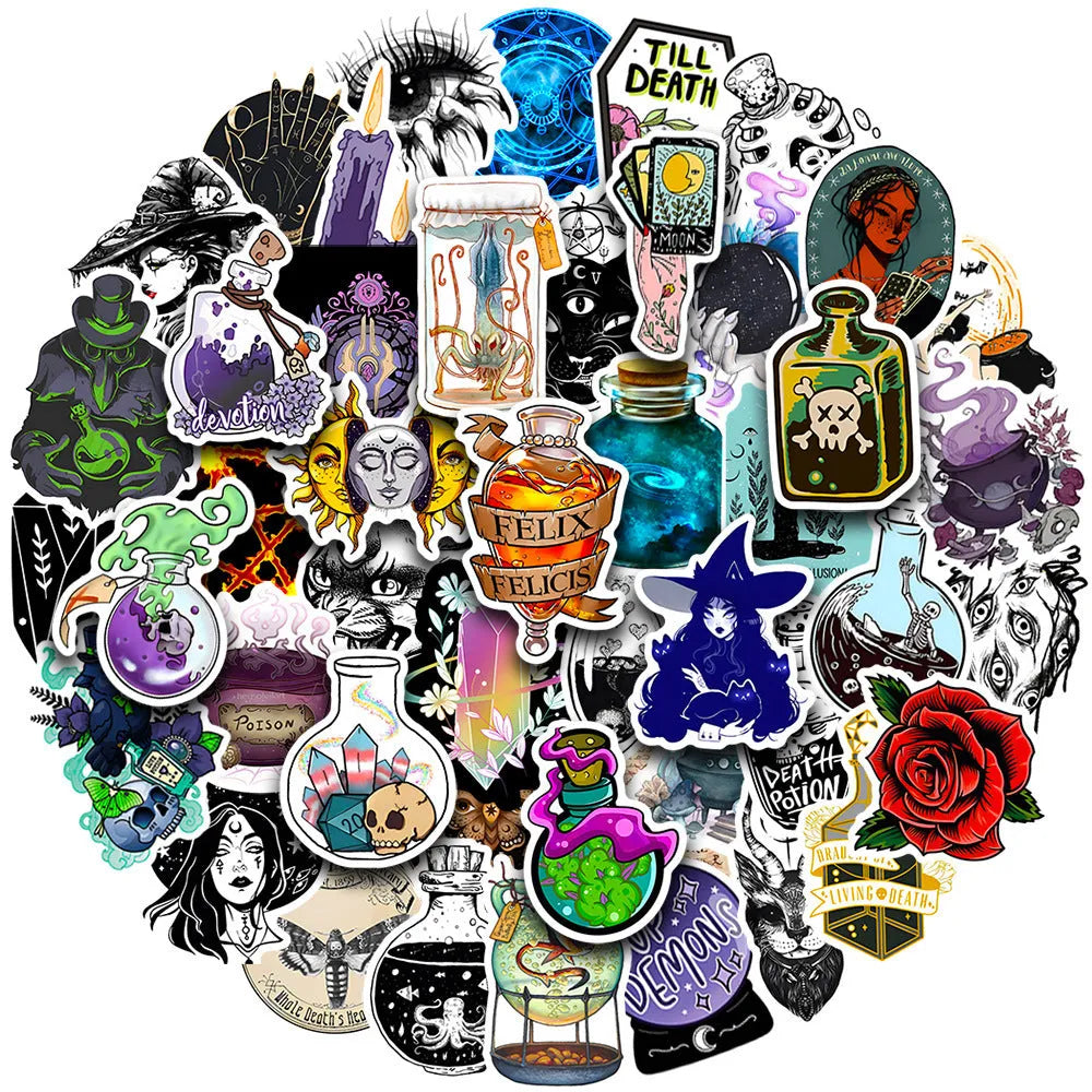 Pack of 50 colourful waterproof PVC stickers for laptops and skateboards, sizes 3-8cm.