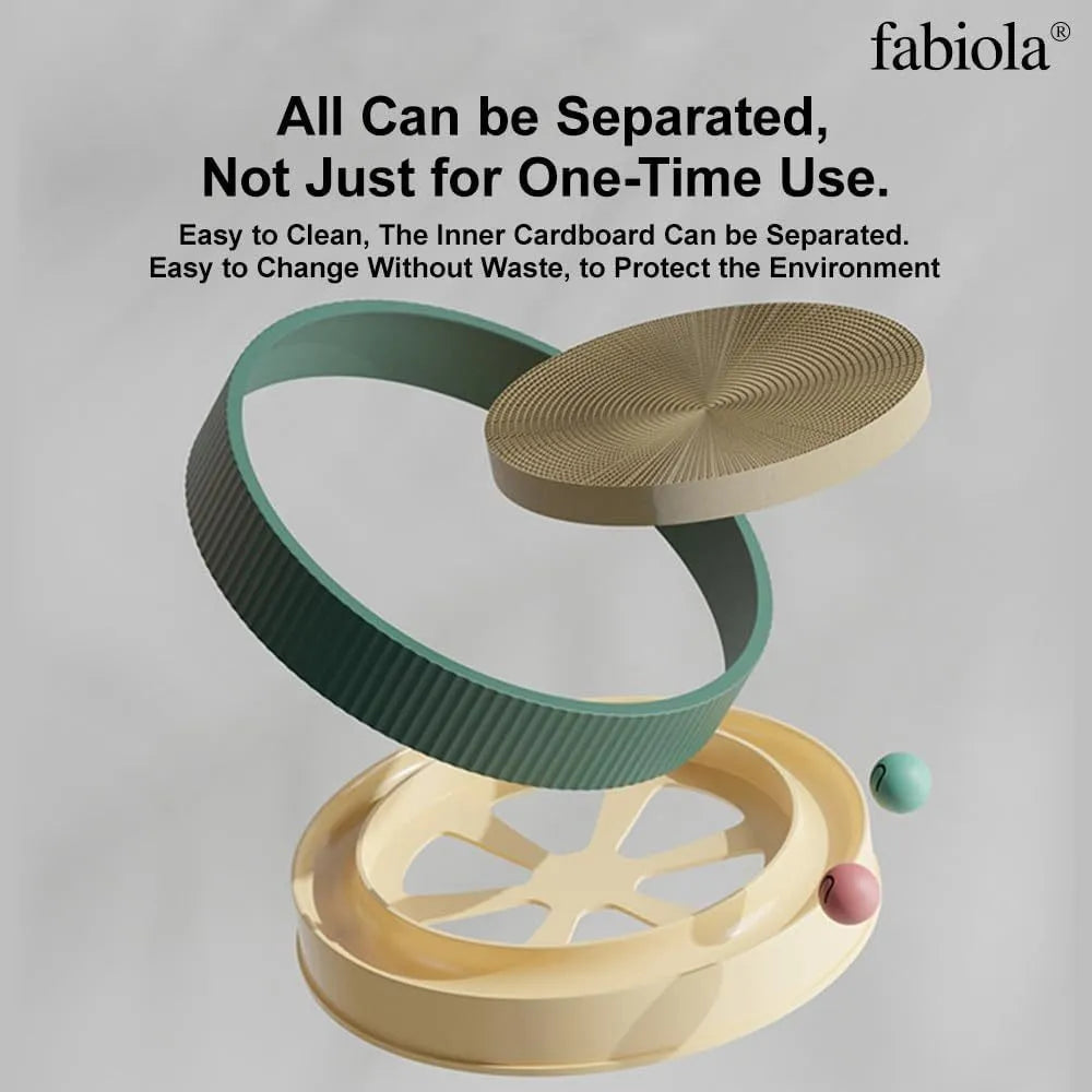 Large circular cat scratching board with ball toys showing green colour and refillable core design