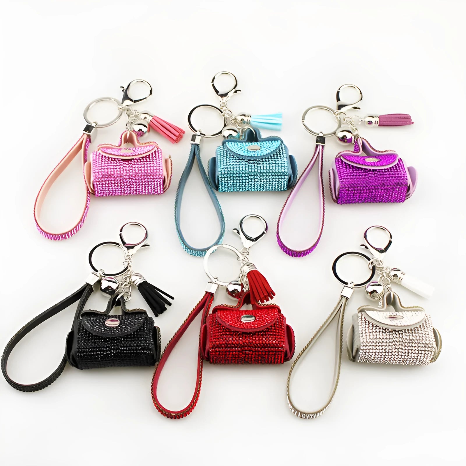 Leather diamond coin purse earphone bag with keychain pendant in six colours