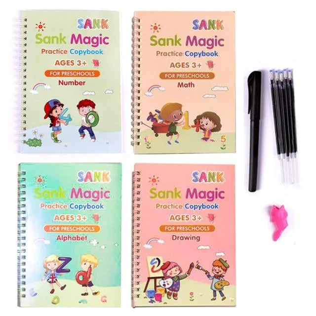 Reusable magic stylus copybook set with groove tracking, four A5 cardboard books, one pen, and four refills