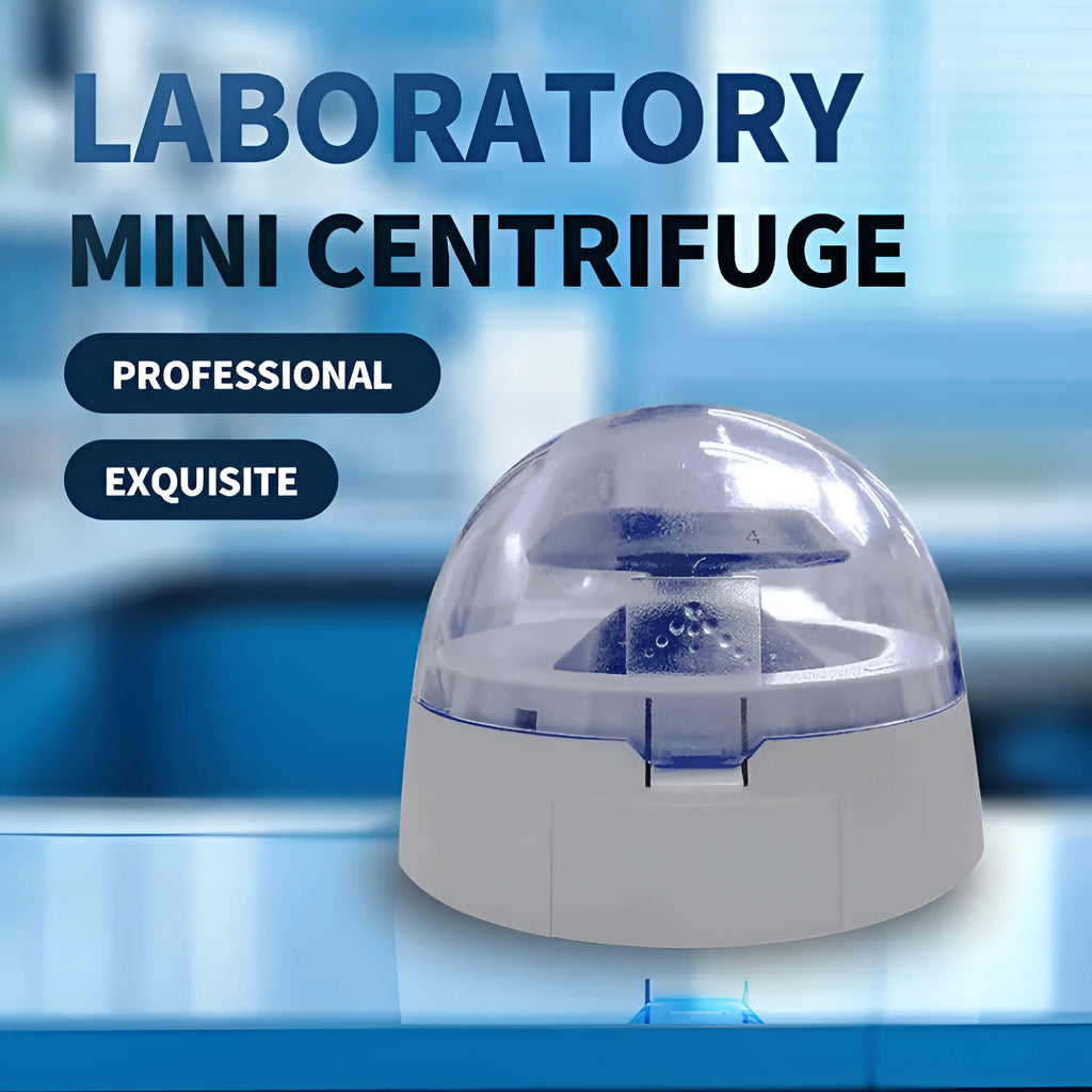 Small white mini laboratory benchtop centrifuge with closed lid, compact design