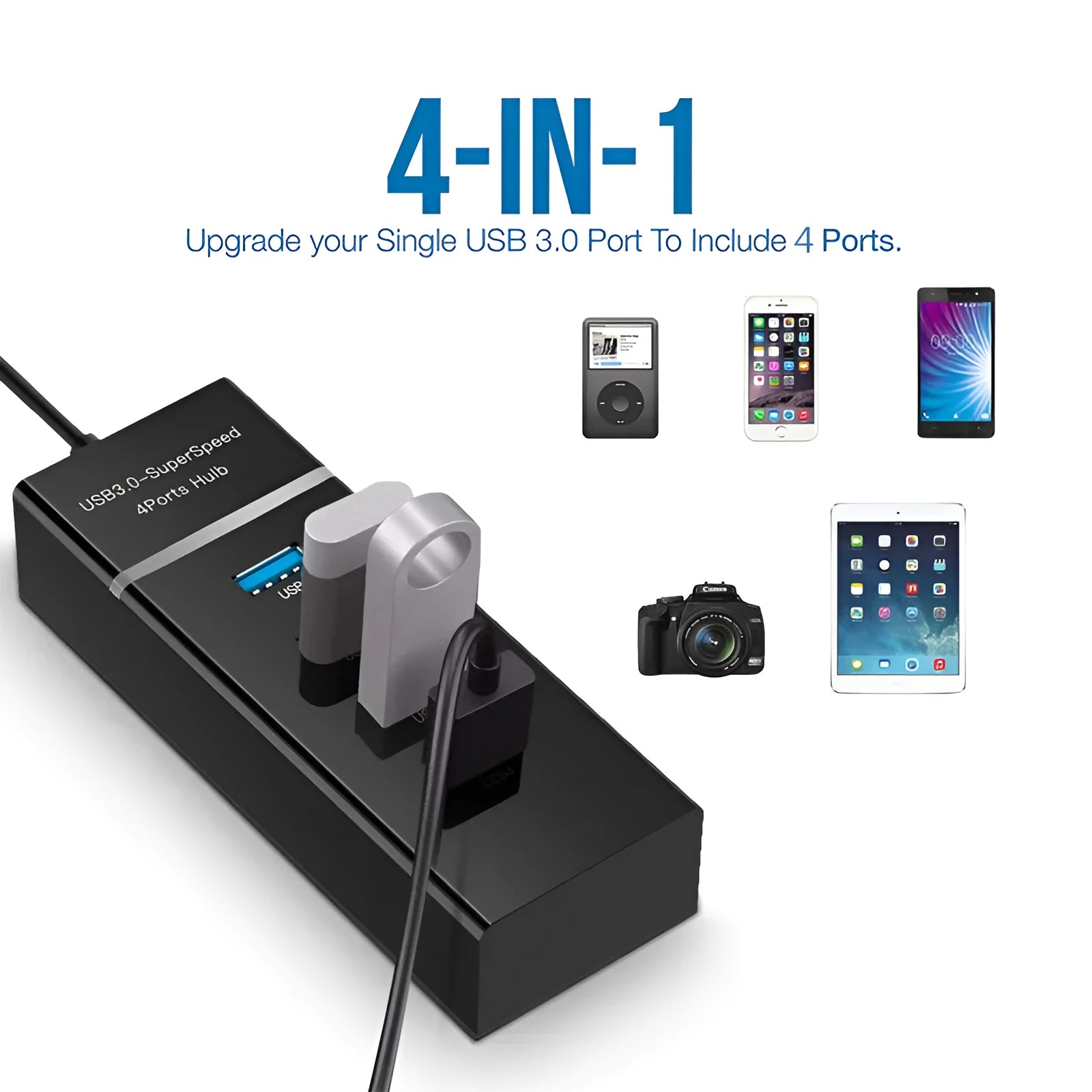 Black 4-port USB 3.0 hub with LED indicators and 29cm cable for desktop PC or laptop