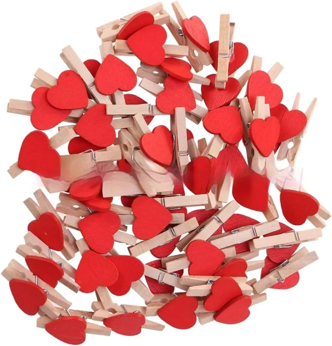 Five solid wood heart-shaped clips in red colour arranged together