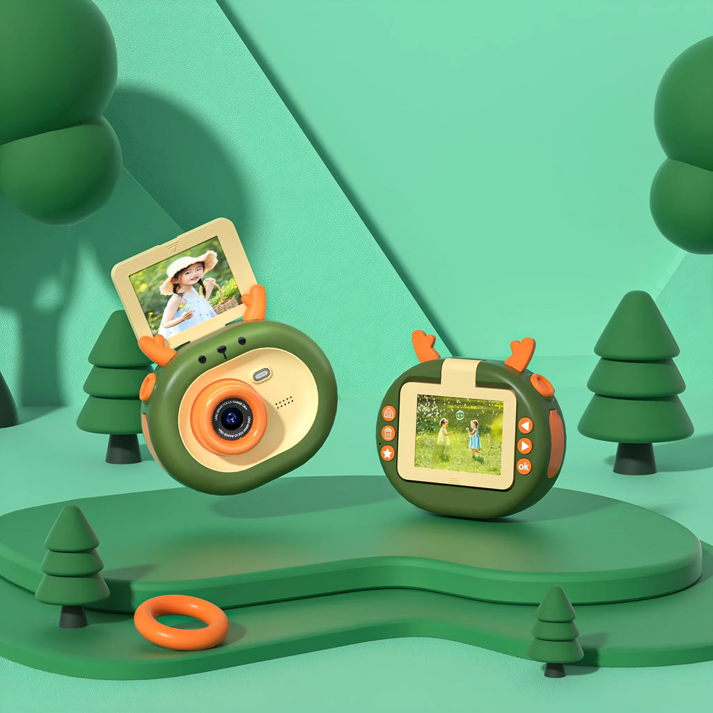 Dark green and purple children's digital camera with flip screen, silicone case, and lanyard.