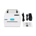 White Bluetooth thermal label printer with USB port, compact 200mm width design