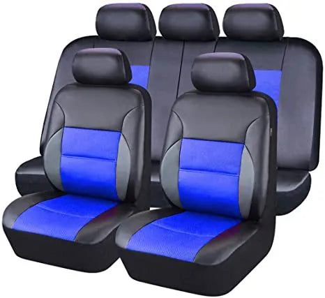 Artificial leather car seat covers in black, grey, beige, red or blue colours with headrest covers
