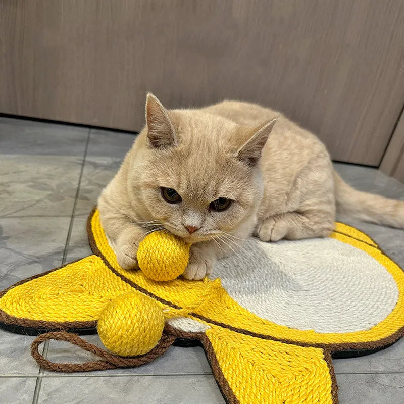 Yellow sisal cat scratching board with Corgi dog butt design, shown on a floor with a cat.