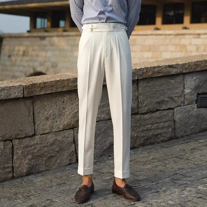 Slim fit straight leg business trousers in polyester blend fabric available in three colours