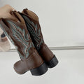 Brown women's embroidered mid-calf boots with leather lining and square heel