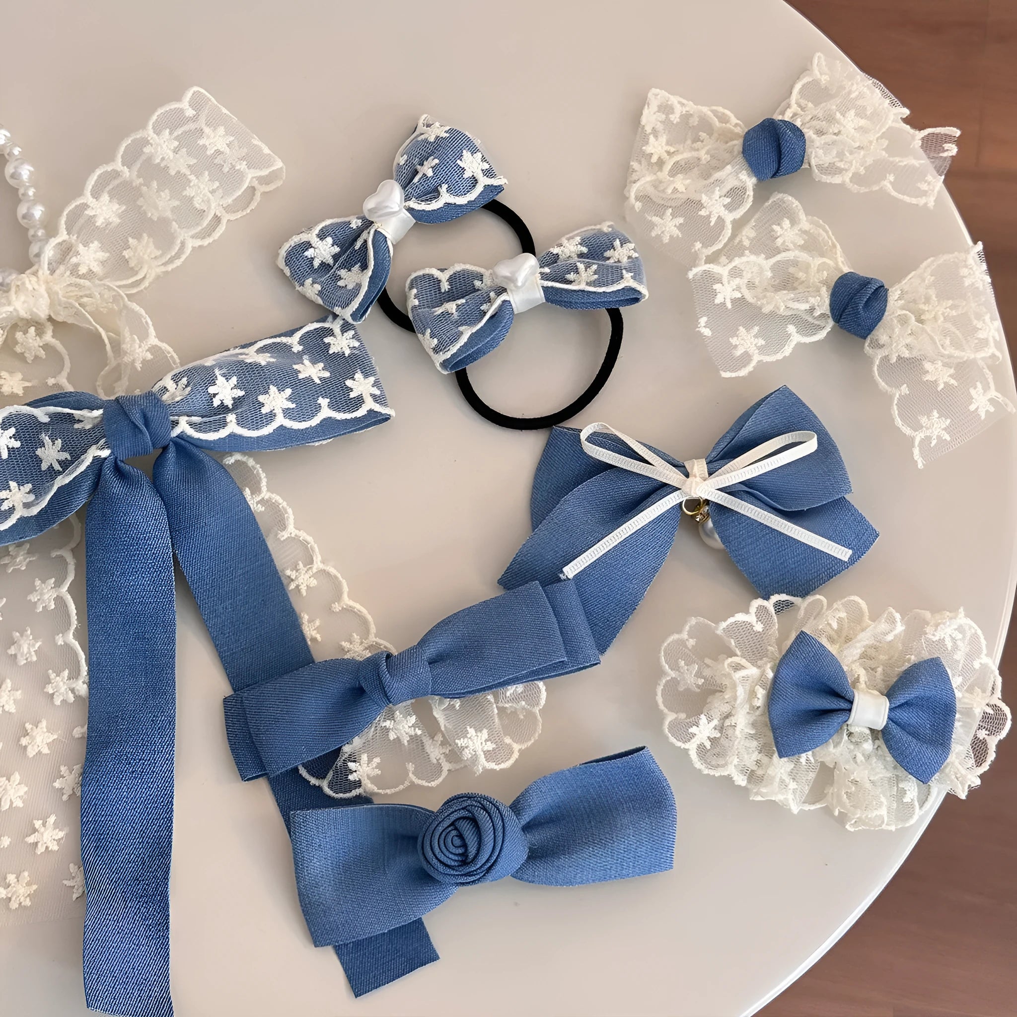 Cloth hair barrettes set with blue bow, beige lace, and pearl butterfly styles for women
