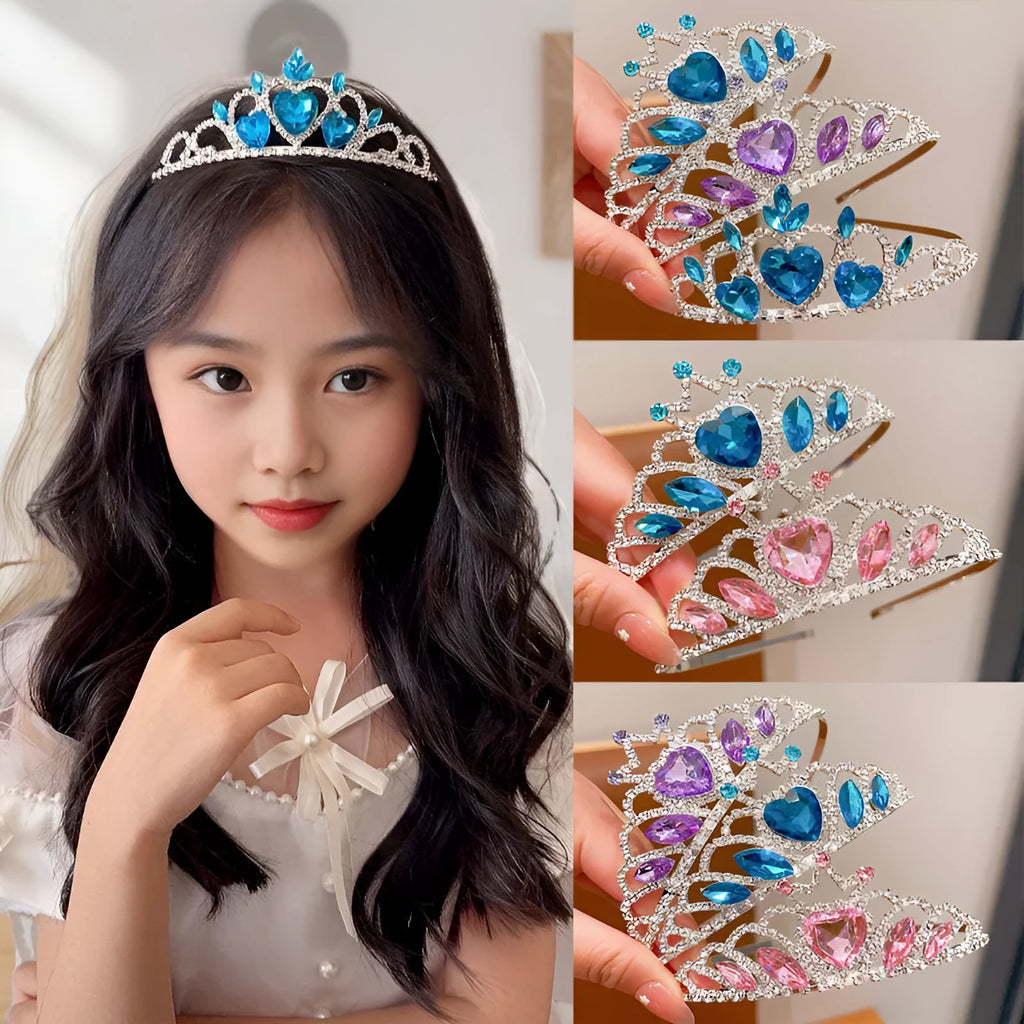 Children's crystal crown metal headband with electroplated finish in pink, light blue, or light purple for girls aged 3-10