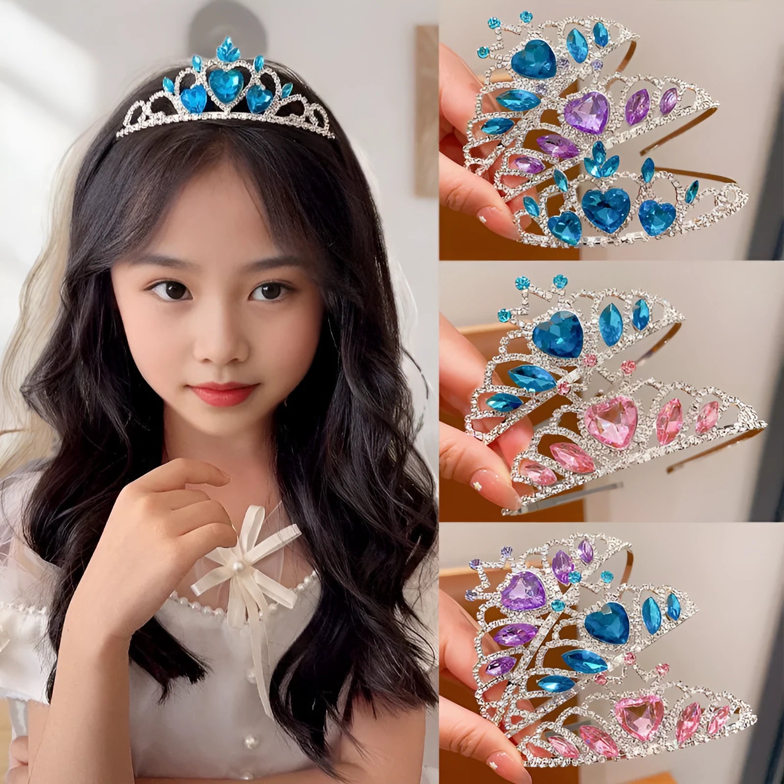 Children's crystal crown metal headband with electroplated finish in pink, light blue, or light purple for girls aged 3-10