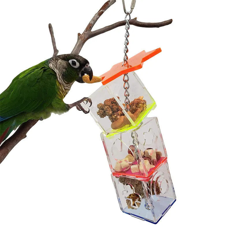 Clear acrylic bird foraging toy measuring 5x5x32 cm for parrots with fruit inside