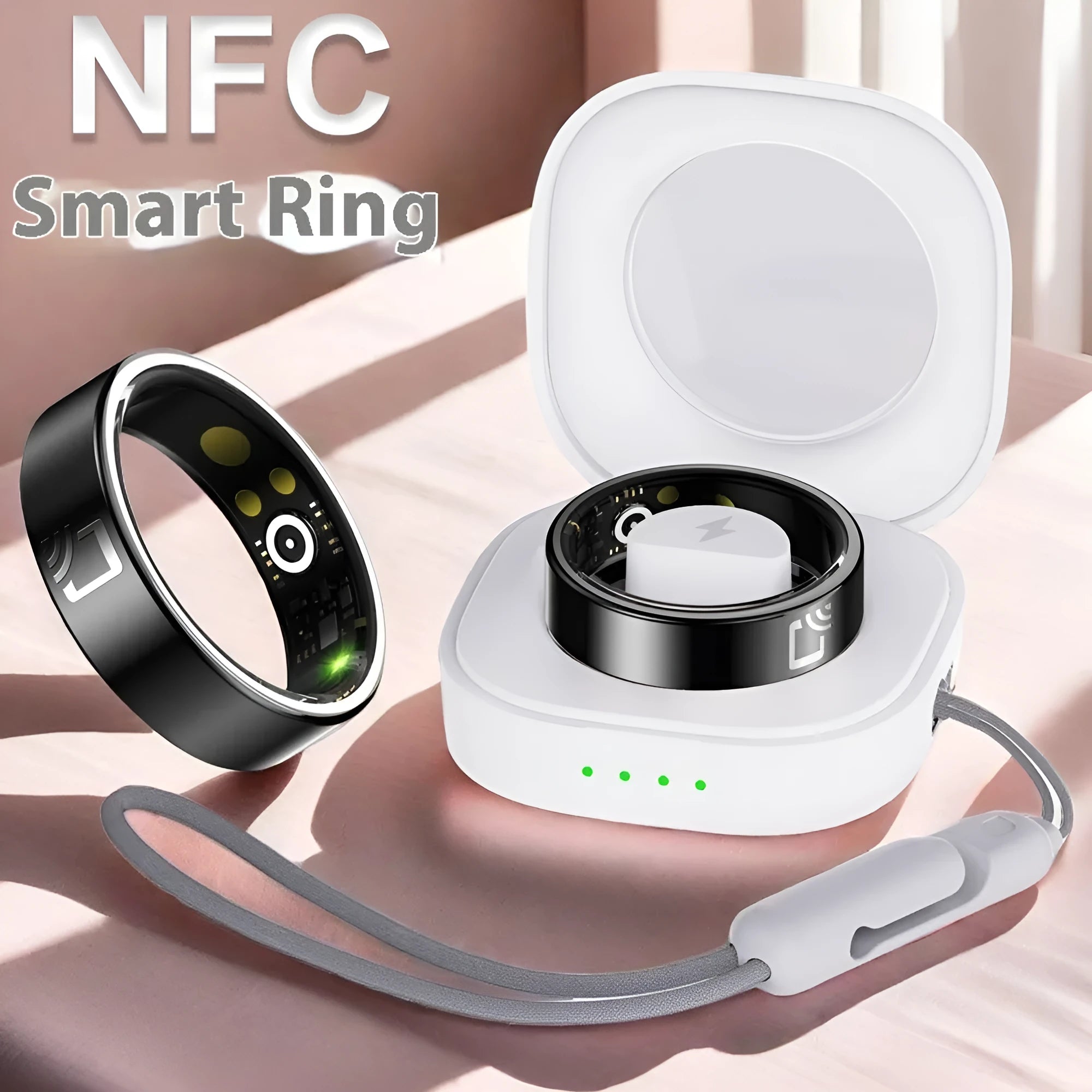 Black ceramic smart ring for health monitoring on a finger next to its charging case.