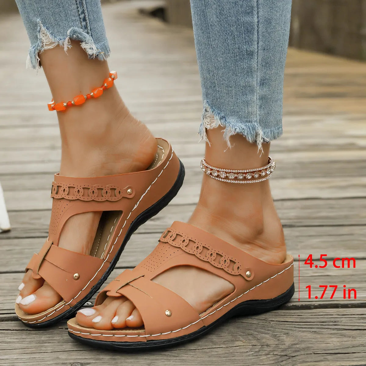 Roman style slope heel slippers with fish mouth toe design in PU leather and rubber sole