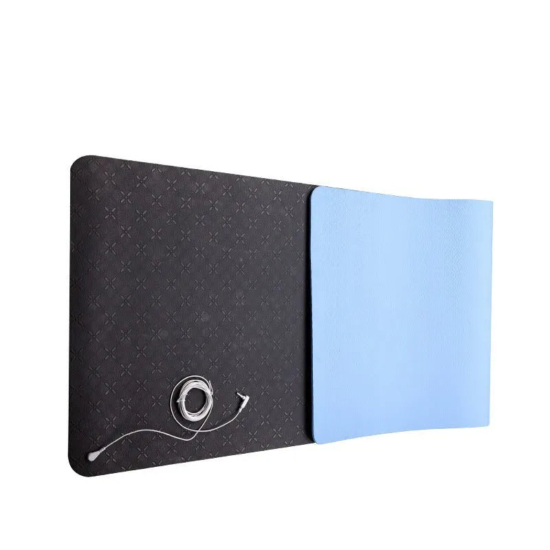 Blue conductive grounding yoga mat with plant pattern, showing integrated wire and 182cm length.