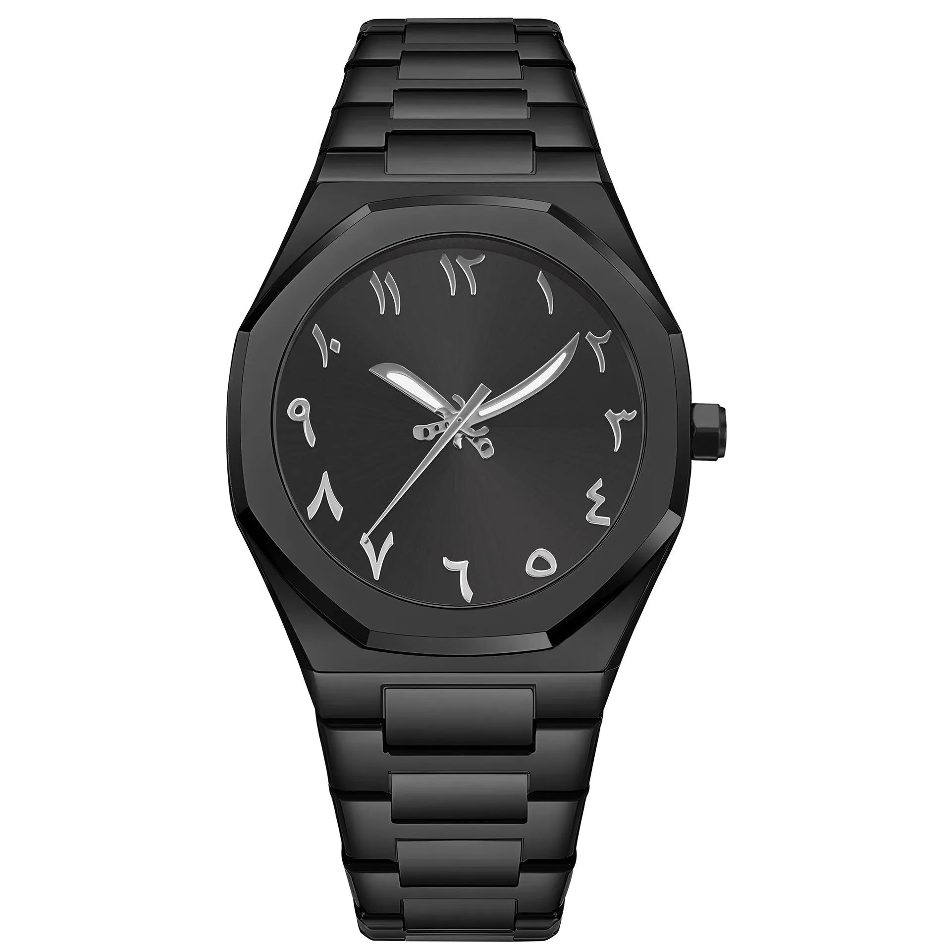 Men's business casual steel belt quartz watch showing black and silver colour options