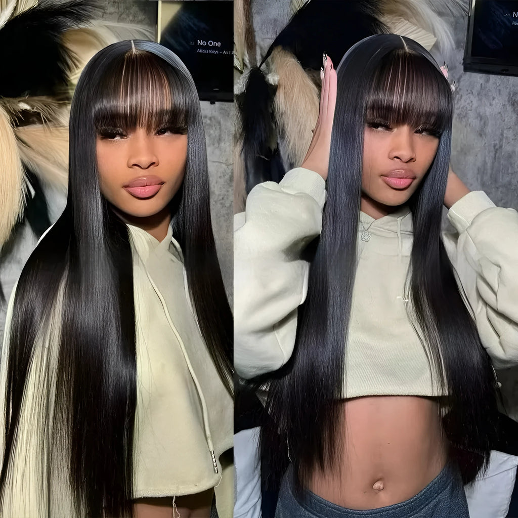 Natural colour human hair straight fringe wig without lace, full-mechanism headgear, available in 8 to 32 inch lengths