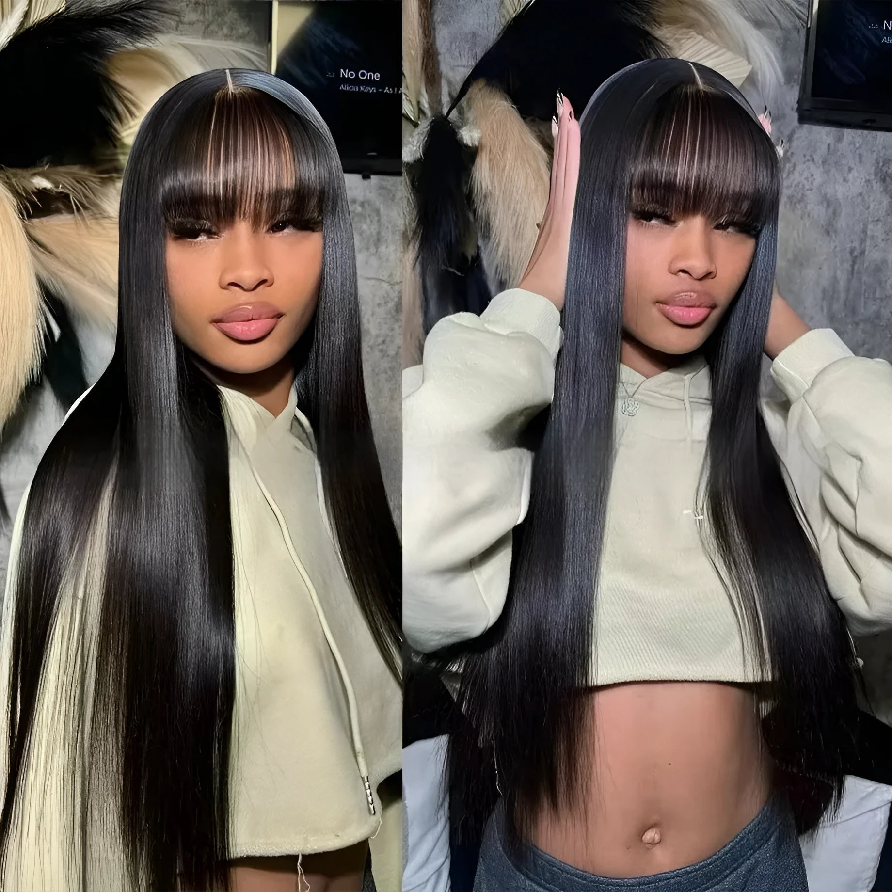 Natural colour human hair straight fringe wig without lace, full-mechanism headgear, available in 8 to 32 inch lengths