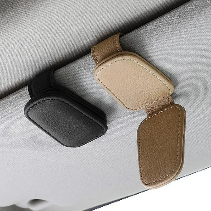Car sunglasses holder made from PU leather clipped onto sun visor, beige colour, universal size
