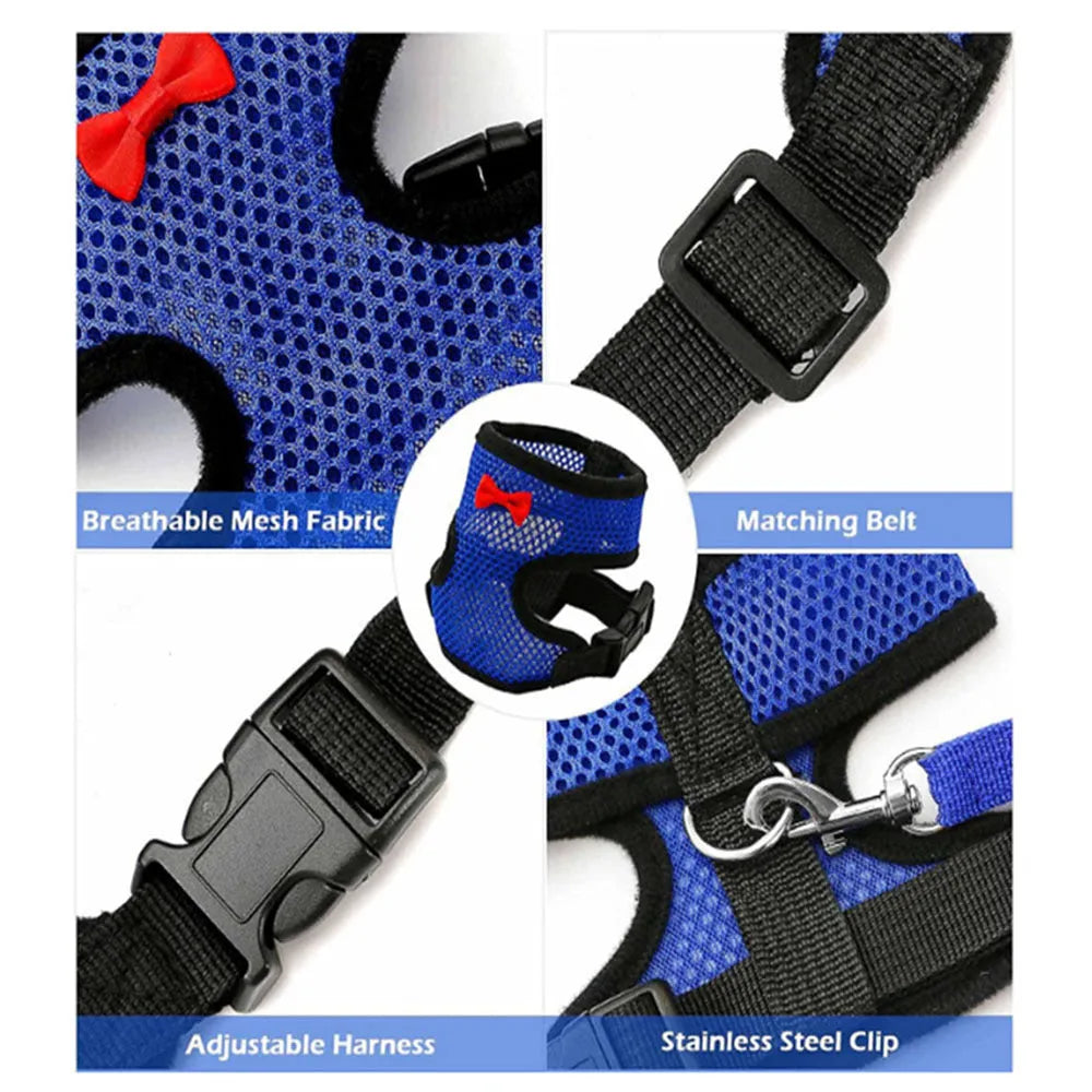 Adjustable poultry vest harness for chickens ducks in black with matching collar bow and 110 cm traction rope